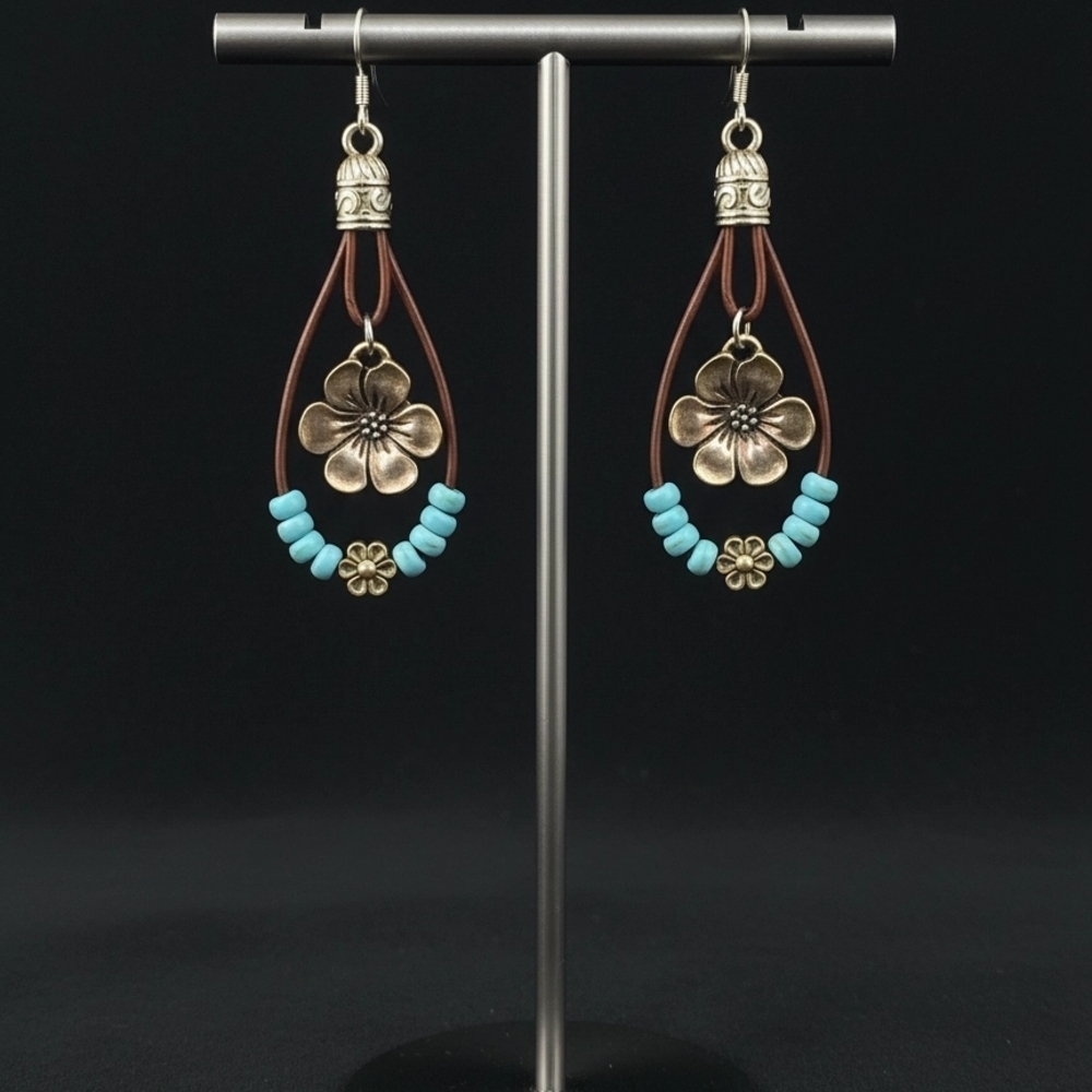 Turquoise Bead Brown Leather Drop Earrings with Antiqued Gold Flower Accent